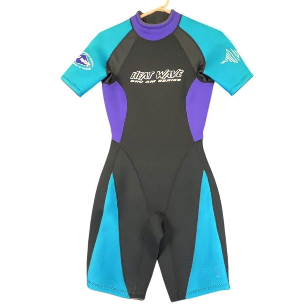 Heat Wave Pro Am Series Teal Purple 7/8 Shorty Wetsuit Neoprene Surf Snorkel